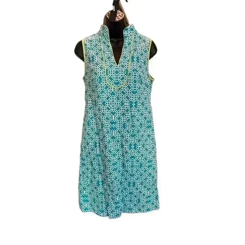 ELIZA J Blue Geometric Green Trim Sleeveless Shift Dress - size 4